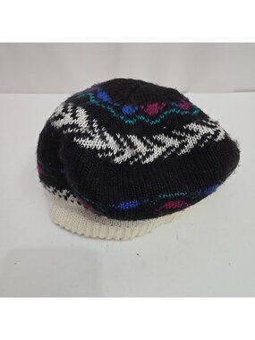 Vintage Hansen Knit Beret Winter Hat Black Floral USA Made 80s
